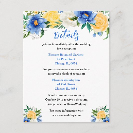 Details over blauwe en gele bruiloft informatiekaartje (Voorkant)