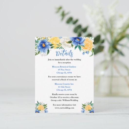 Details over blauwe en gele bruiloft informatiekaartje (Staand voorkant)