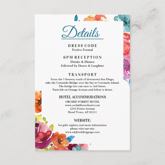 Details over de donkerbruine zomerkleurige bruilof informatiekaartje (Voorkant)