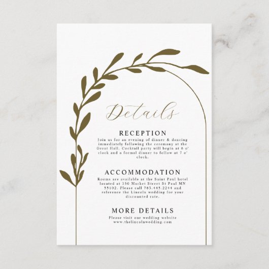 Details over de minimale bruiloft van de oliepanta informatiekaartje (Voorkant)