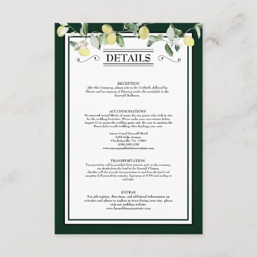 Details over groene maragingbruiloft aan de rand v informatiekaartje (Voorkant)