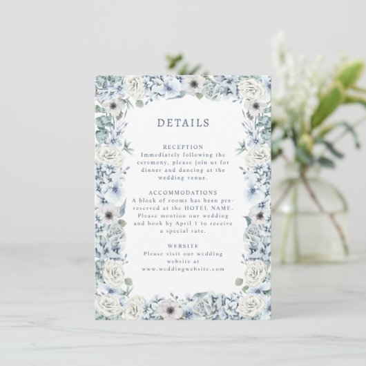 Details over het blauwe Floral Wedding Informatiekaartje (Staand voorkant)