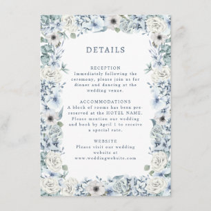 Details over het blauwe Floral Wedding Informatiekaartje