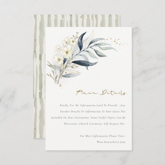 Details over het blauwe goudblad Botanische Floral Informatiekaartje (Voorkant / Achterkant)