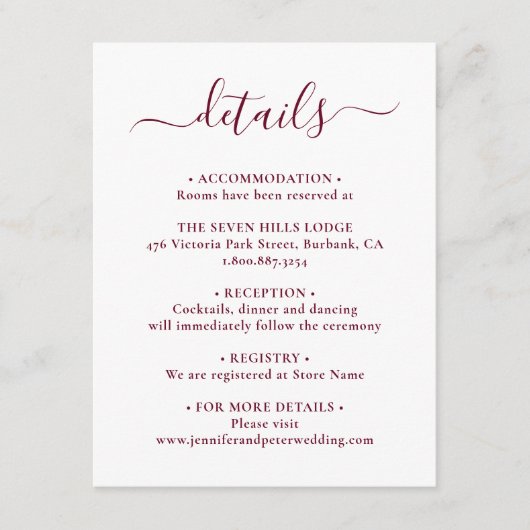 Details over het huwelijk met een legant Script Bo Informatiekaartje (Voorkant)