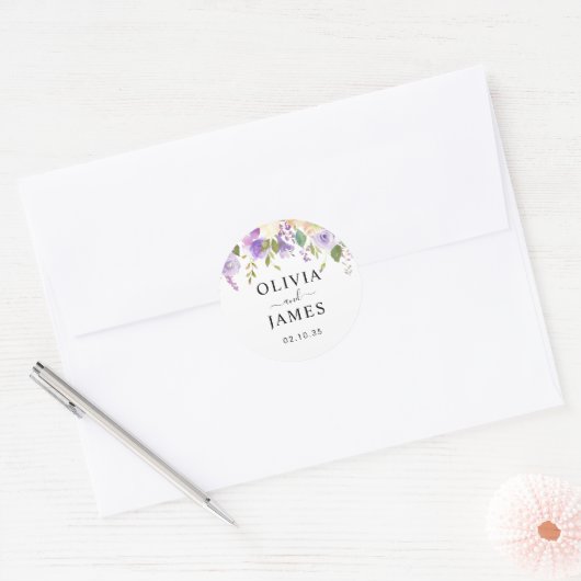 Details over het huwelijk van Elegant Dusty Paars  Ronde Sticker (Envelop)