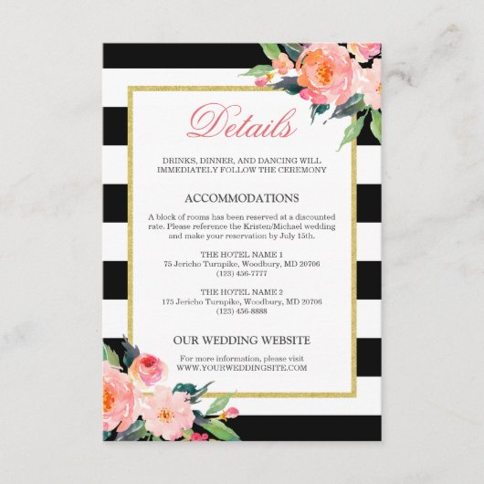 Details over huwelijk Modern Floral Black White St Informatiekaartje (Voorkant)
