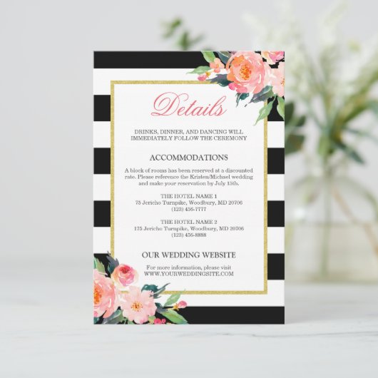 Details over huwelijk Modern Floral Black White St Informatiekaartje (Staand voorkant)