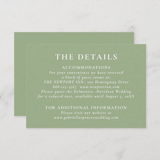 Details over moderne groene bruiloft informatiekaartje (Voorkant / Achterkant)