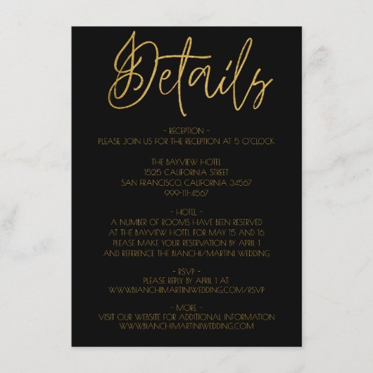 Details over zwarte en goudbruine bruiloft informatiekaartje (Voorkant)
