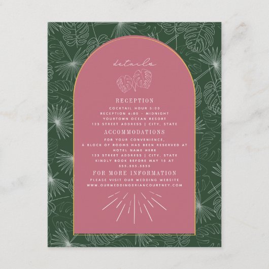 Details palm Leaves Pink Green Arch Weddenschap Informatiekaartje (Voorkant)