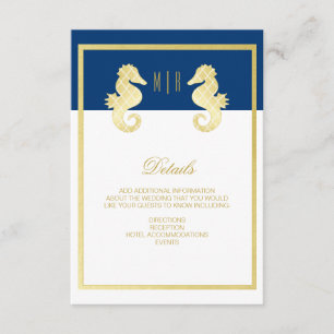 Details preppy Beach Seahorse Navy Gold Wedding Informatiekaartje