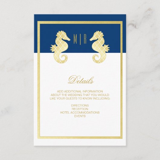 Details preppy Beach Seahorse Navy Gold Wedding Informatiekaartje (Voorkant)