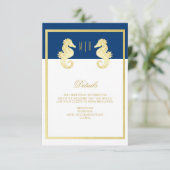 Details preppy Beach Seahorse Navy Gold Wedding Informatiekaartje (Staand voorkant)