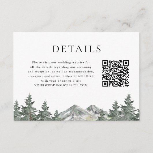 Details QR Code Mountain Pine Tree Weddenschap Informatiekaartje (Voorkant)