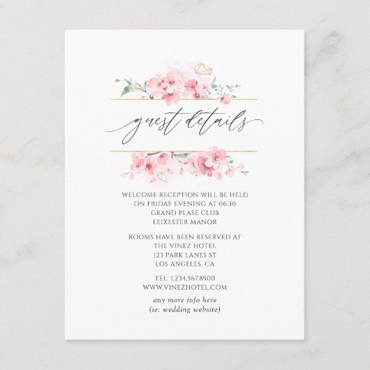 Details roze Cherry Blossom Spring Wedding Guest Informatiekaartje (Voorkant)