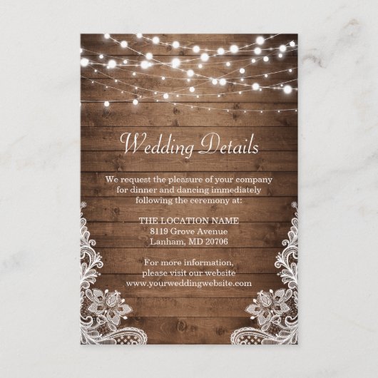 Details Rustic Wood Twinkle Lights Wace Wedding Informatiekaartje (Voorkant)