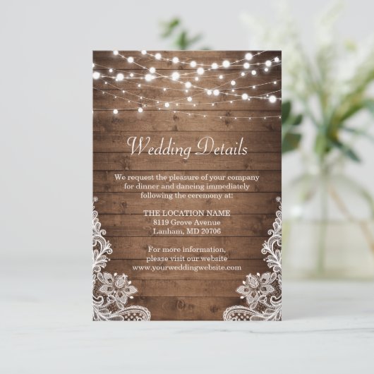 Details Rustic Wood Twinkle Lights Wace Wedding Informatiekaartje (Staand voorkant)