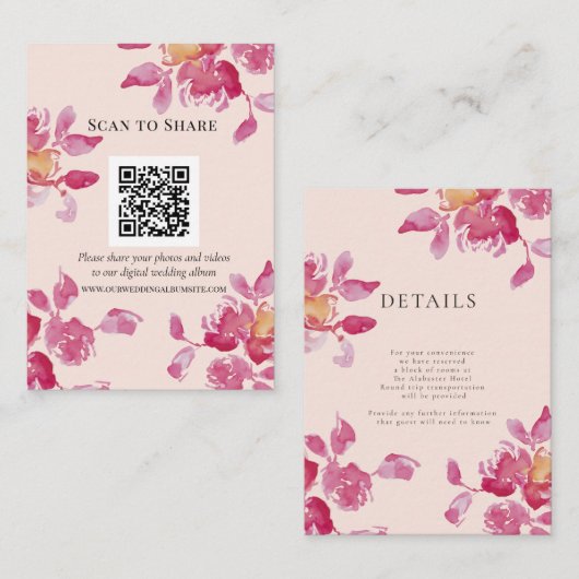 Details/Scan te delen Pink Rose Waterverf Bruiloft Informatiekaartje (Voorkant / Achterkant)