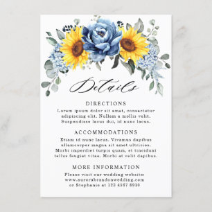 Details Sunflower Dusty Blue Slate Peony Wedding Informatiekaartje