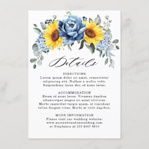 Details Sunflower Dusty Blue Slate Peony Wedding Informatiekaartje