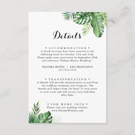 Details tropische troenerbruiloft bestemming informatiekaartje (Voorkant)