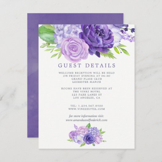 Details ultra Violet Floral Wedding Guest Informatiekaartje (Voorkant / Achterkant)
