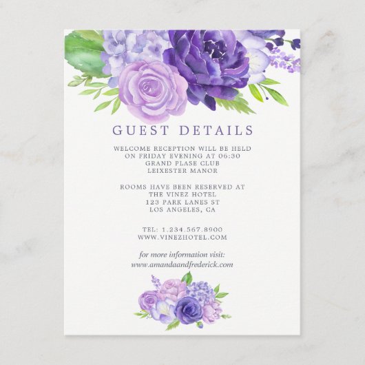 Details ultra Violet Floral Wedding Guest Informatiekaartje (Voorkant)