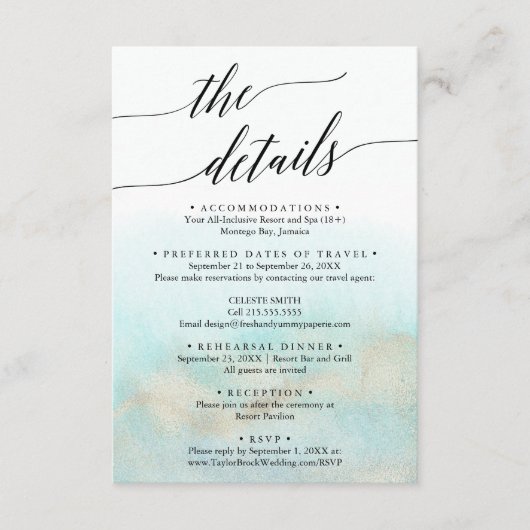 Details van Aqua en Gold Destination Wedding Trave Informatiekaartje (Voorkant)
