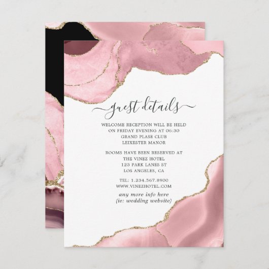 Details van Blush and Gold Agate Wedding Guest Informatiekaartje (Voorkant / Achterkant)