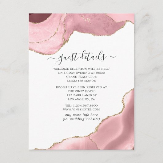 Details van Blush and Gold Agate Wedding Guest Informatiekaartje (Voorkant)