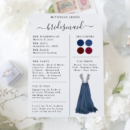 Details van bruidsmeisjeskaart in navy en burgundy kaart