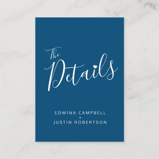 Details van bruiloft eenvoudige blauwe witte omhei informatiekaartje (Voorkant)