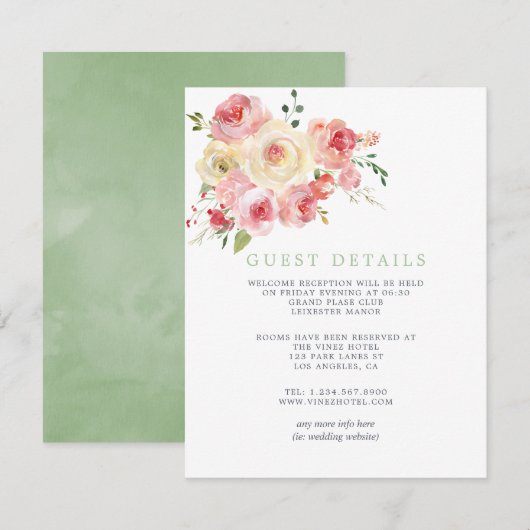 Details van de Band-groene Floral Wedding Guest Informatiekaartje (Voorkant / Achterkant)