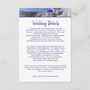 Details van de blauwe bruiloft in Santorini Grieke Informatiekaartje