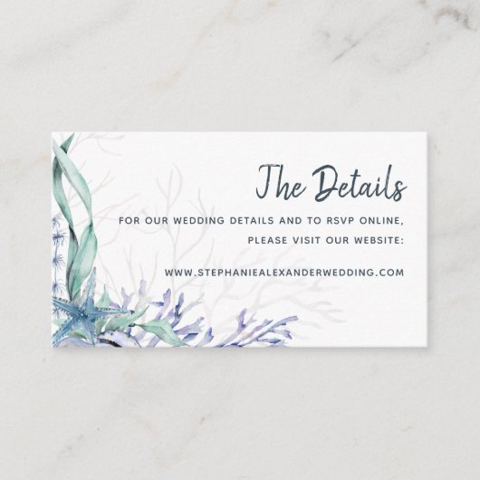 Details van de blauwe Waterverf Beach Weddenschap Informatiekaartje (Voorkant)