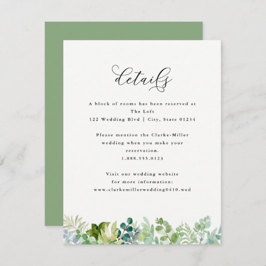 Details van de bruiloft-Waterverf Greenery en de V Informatiekaartje (Voorkant / Achterkant)