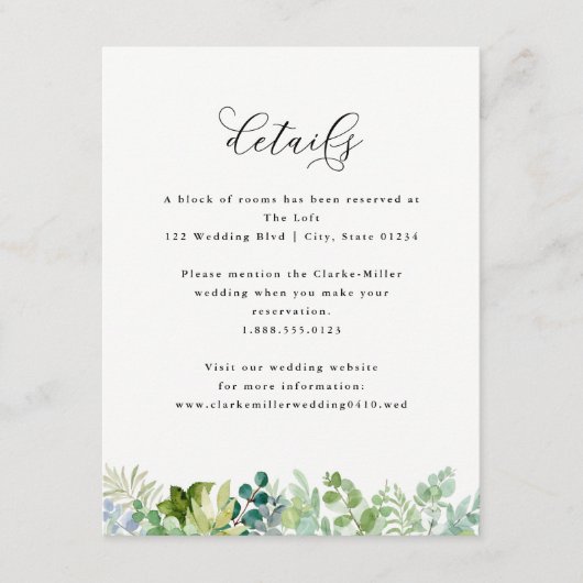Details van de bruiloft-Waterverf Greenery en de V Informatiekaartje (Voorkant)