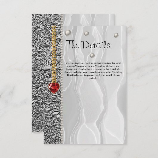 Details van de bruiloft, witte zijde, diamanten en informatiekaartje (Voorkant / Achterkant)