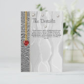Details van de bruiloft, witte zijde, diamanten en informatiekaartje (Staand voorkant)