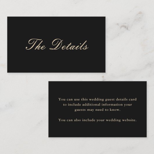 Details van de Elegant Black Wedding Guest Informatiekaartje (Voorkant / Achterkant)