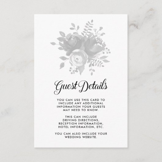 Details van de Elegant Gray Floral Wedding Guest Informatiekaartje (Voorkant)