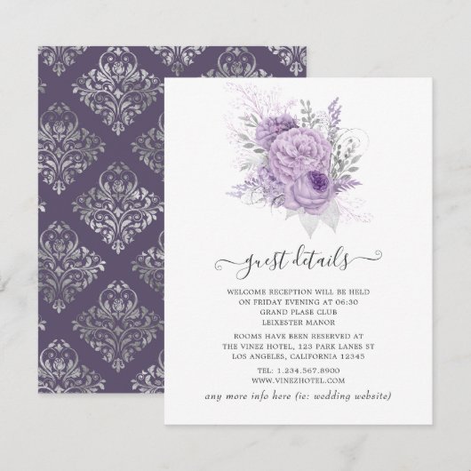 Details van de lavender en de Silver Floral Weddin Informatiekaartje (Voorkant / Achterkant)