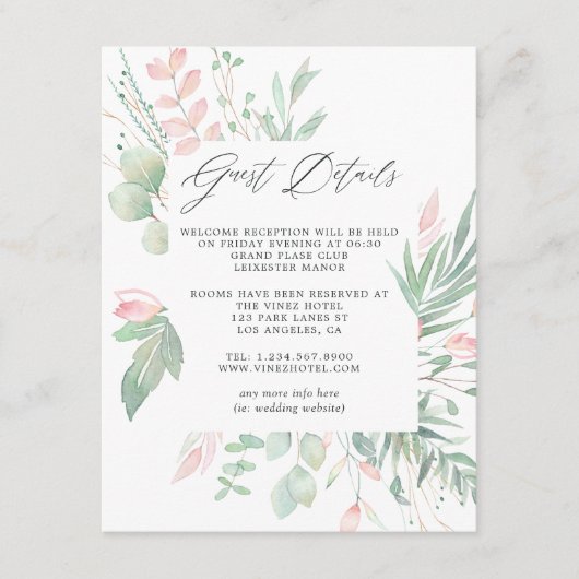 Details van de pastel Blush Greenery Wedding Guest Informatiekaartje (Voorkant)