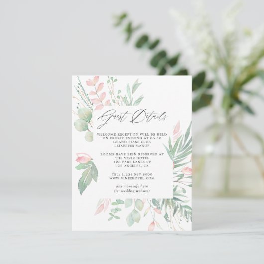 Details van de pastel Blush Greenery Wedding Guest Informatiekaartje (Staand voorkant)