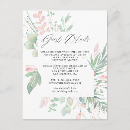 Details van de pastel Blush Greenery Wedding Guest Informatiekaartje