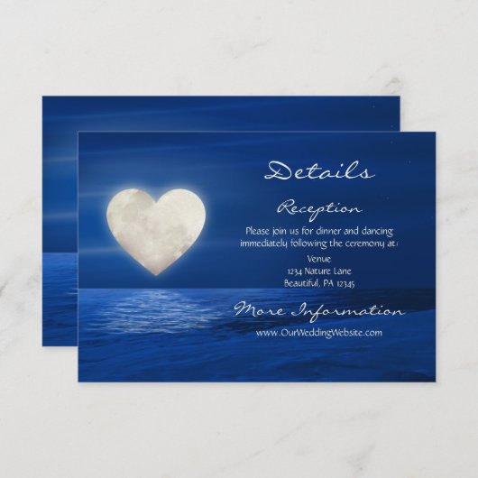 Details van Heart Moon en Snowy Beach Winter Wedde Informatiekaartje (Voorkant / Achterkant)