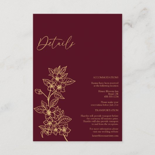 Details van het bruidshuwelijk van Burgundy Gold Informatiekaartje (Voorkant)
