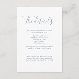 Details van het donkerblauwe minimale huwelijk informatiekaartje