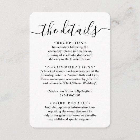 Details van het huwelijk Eenvoudig script en foto Informatiekaartje (Voorkant)